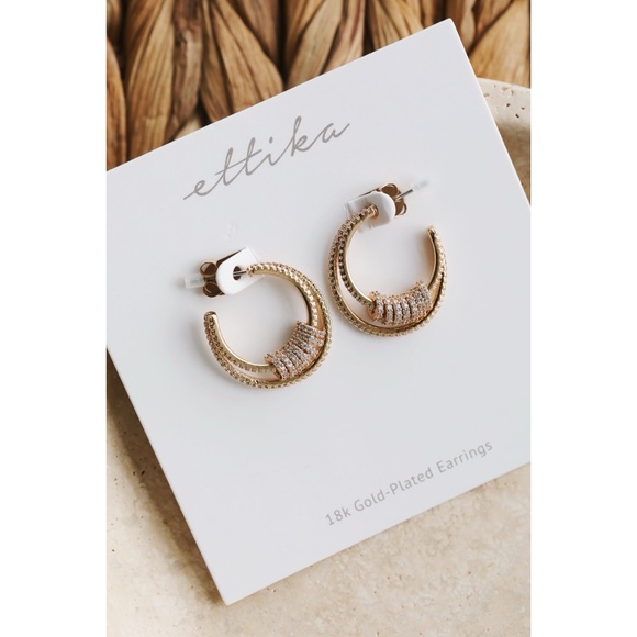 ettika Jewelry - Ettika 18k Gold Plated Double Crystal Pave Ring Hoop Earrings NWT